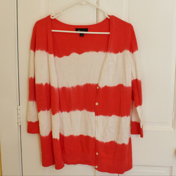 AB Studio Sweaters - AB Studio M coral/white V-neck cardigan 3/4 sleeve